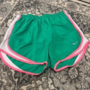 Women's Nike Tempo Green Athletic Shorts with Pink Trim